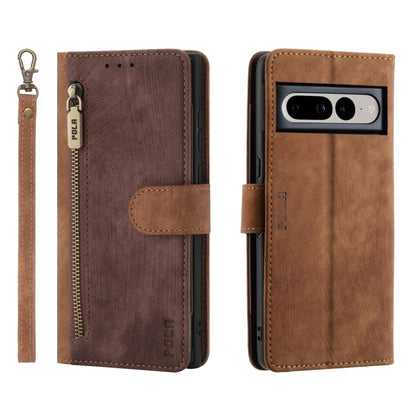 For Google Pixel 7 Pro POLA Dual-color Zipper Wallet RFID Leather Phone Case(Burgundy Brown) by POLA