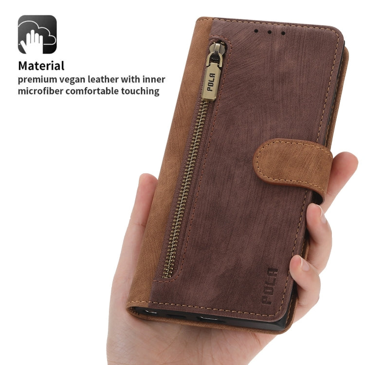 For Google Pixel 7 Pro POLA Dual-color Zipper Wallet RFID Leather Phone Case(Burgundy Brown) by POLA