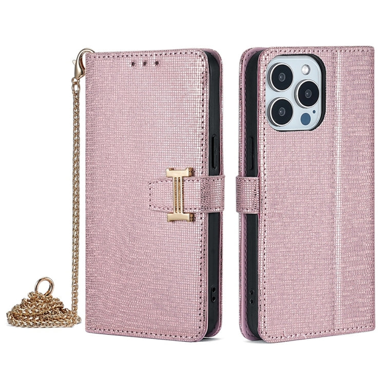 For iPhone 15 Pro Max POLA Crossbody Chain I-Shape Buckle Sequins Leather Phone Case(Rose Gold) by POLA