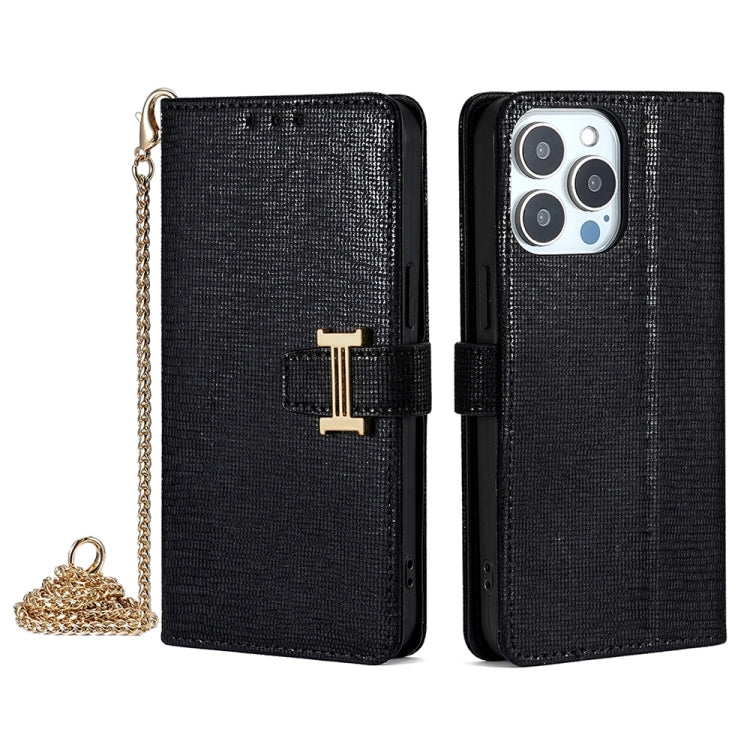 For iPhone 15 Pro Max POLA Crossbody Chain I-Shape Buckle Sequins Leather Phone Case(Black) by POLA