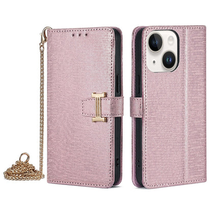 For iPhone 15 Plus POLA Crossbody Chain I-Shape Buckle Sequins Leather Phone Case(Rose Gold) by POLA