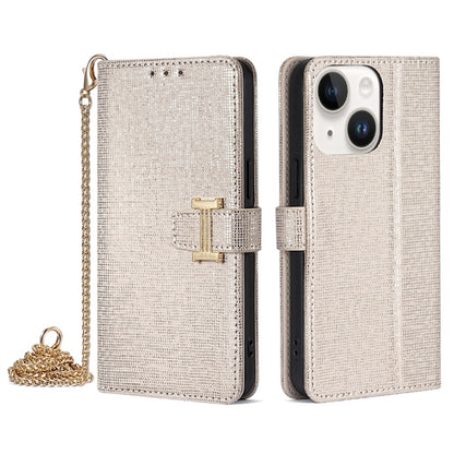 For iPhone 15 Plus POLA Crossbody Chain I-Shape Buckle Sequins Leather Phone Case(White) by POLA