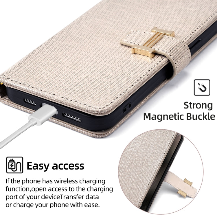 For iPhone 15 Plus POLA Crossbody Chain I-Shape Buckle Sequins Leather Phone Case(White) by POLA