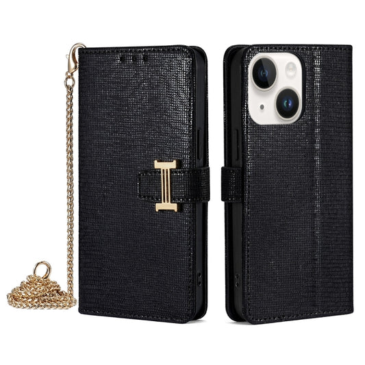 For iPhone 15 Plus POLA Crossbody Chain I-Shape Buckle Sequins Leather Phone Case(Black) by POLA