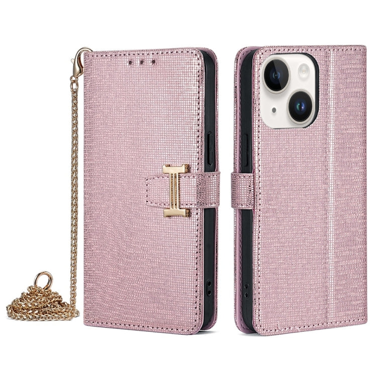 For iPhone 14 POLA Crossbody Chain I-Shape Buckle Sequins Leather Phone Case(Rose Gold) by POLA