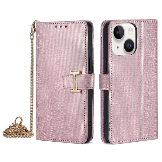 For iPhone 14 POLA Crossbody Chain I-Shape Buckle Sequins Leather Phone Case(Rose Gold) by POLA