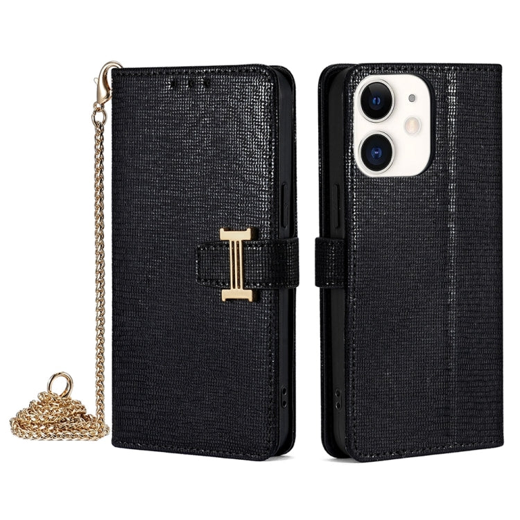 For iPhone 12 / 12 Pro POLA Crossbody Chain I-Shape Buckle Sequins Leather Phone Case(Black) by POLA