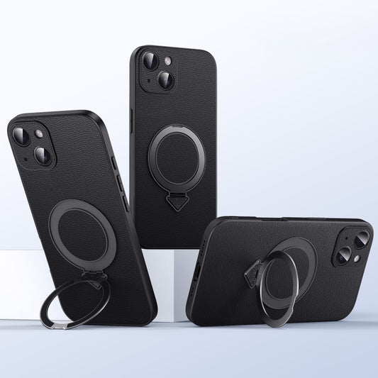 For iPhone 15 Plus SULADA Top Grain Leather MagSafe Magnetic Holder Phone Case(Black) by SULADA