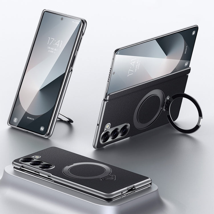 For Samsung Galaxy Z Fold 6 SULADA Top Grain Leather MagSafe Magnetic Holder Phone Case(Black) by SULADA