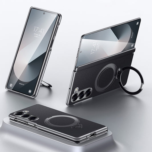 For Samsung Galaxy Z Fold 6 SULADA Top Grain Leather MagSafe Magnetic Holder Phone Case(Black) by SULADA