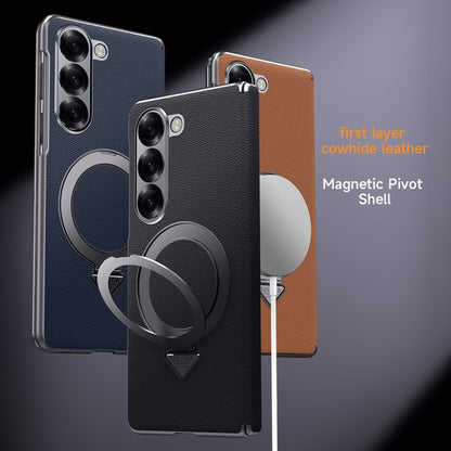 For Samsung Galaxy Z Fold 6 SULADA Top Grain Leather MagSafe Magnetic Holder Phone Case(Black) by SULADA