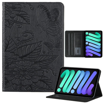 For iPad mini 6 / mini 2024 Butterfly Love Flower Embossed Leather Smart Tablet Case(Black) by bashfashion