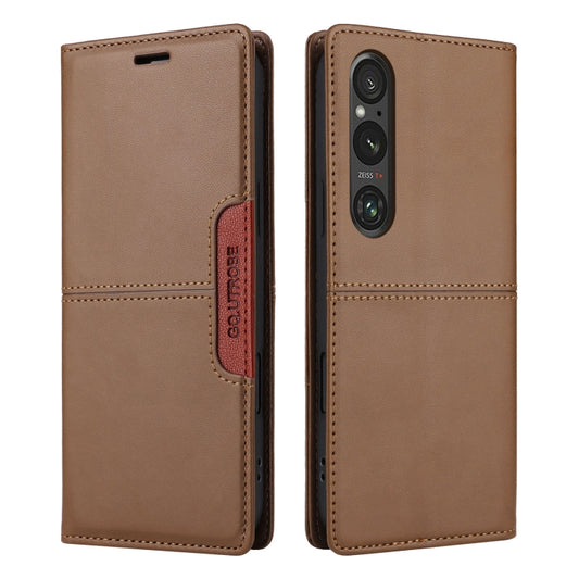 For Sony Xperia 1 V GQUTROBE G01 RFID Anti-theft Leather Phone Case(Brown) by GQUTROBE