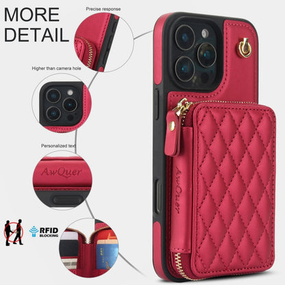 For iPhone 16 Pro Max AwQuer Crossbody Zipper Wallet Rhombic Leather Back Phone Case(Red) by Awquer