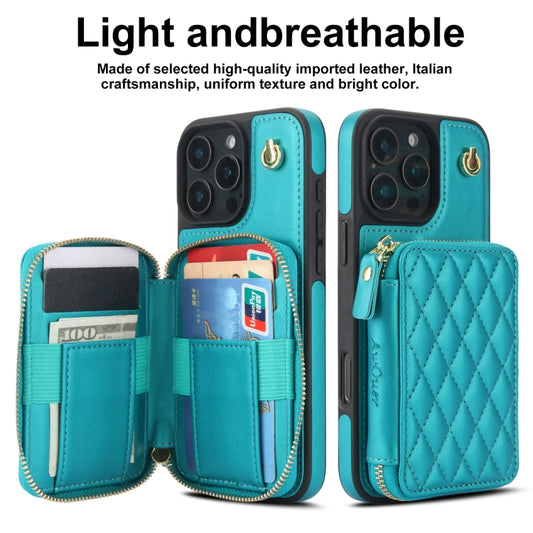For iPhone 16 Pro Max AwQuer Crossbody Zipper Wallet Rhombic Leather Back Phone Case(Green) by Awquer