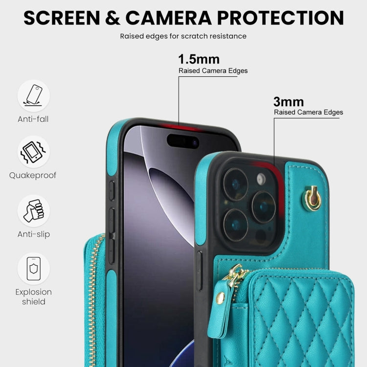 For iPhone 16 Pro Max AwQuer Crossbody Zipper Wallet Rhombic Leather Back Phone Case(Green) by Awquer