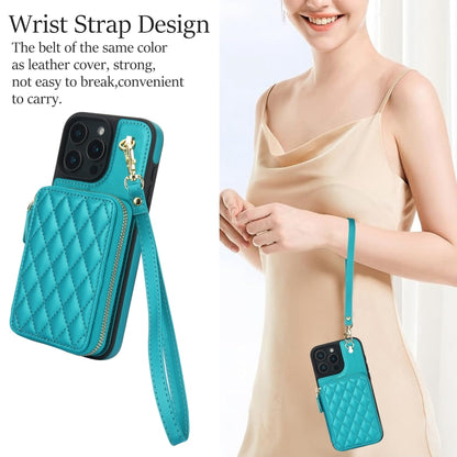 For iPhone 16 Pro Max AwQuer Crossbody Zipper Wallet Rhombic Leather Back Phone Case(Green) by Awquer