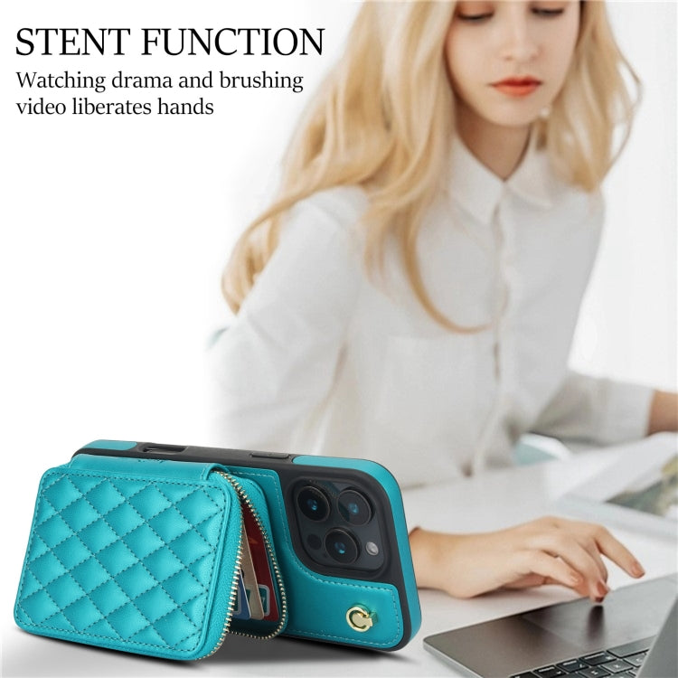 For iPhone 16 Pro Max AwQuer Crossbody Zipper Wallet Rhombic Leather Back Phone Case(Green) by Awquer