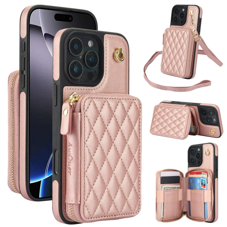 For iPhone 16 Pro Max AwQuer Crossbody Zipper Wallet Rhombic Leather Back Phone Case(Rose Gold) by Awquer