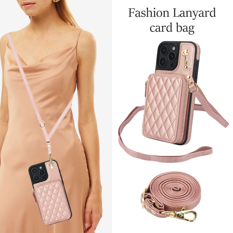 For iPhone 16 Pro Max AwQuer Crossbody Zipper Wallet Rhombic Leather Back Phone Case(Rose Gold) by Awquer