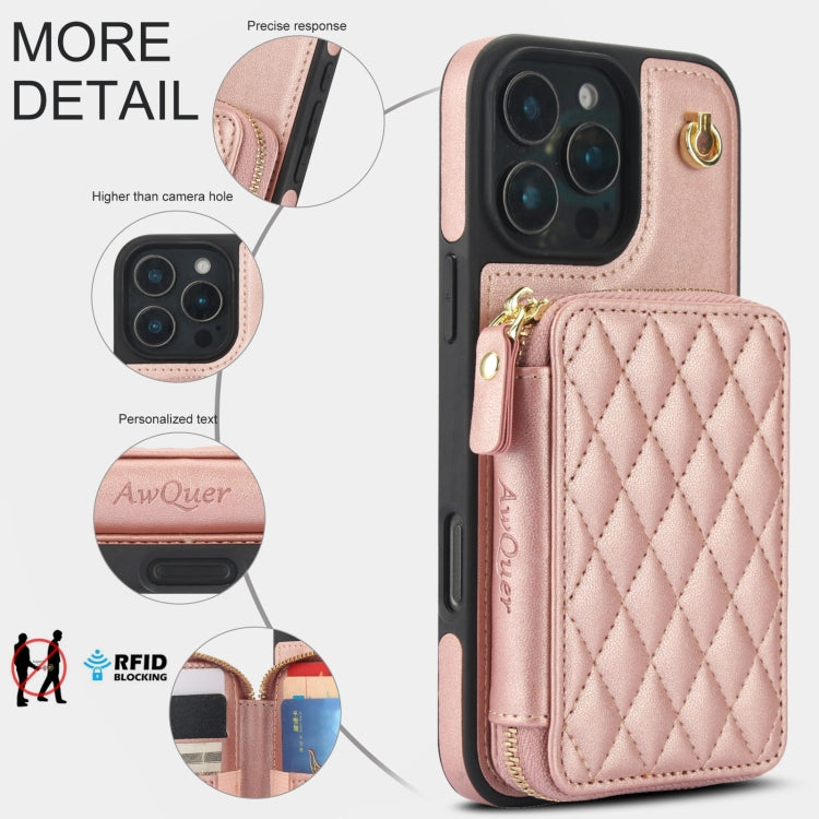 For iPhone 16 Pro Max AwQuer Crossbody Zipper Wallet Rhombic Leather Back Phone Case(Rose Gold) by Awquer