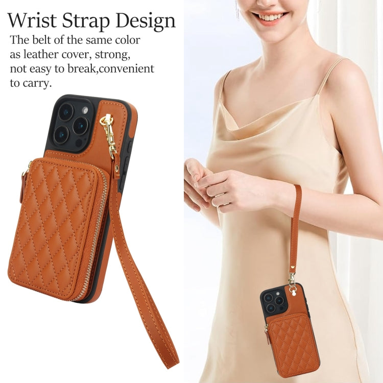 For iPhone 16 Pro Max AwQuer Crossbody Zipper Wallet Rhombic Leather Back Phone Case(Brown) by Awquer