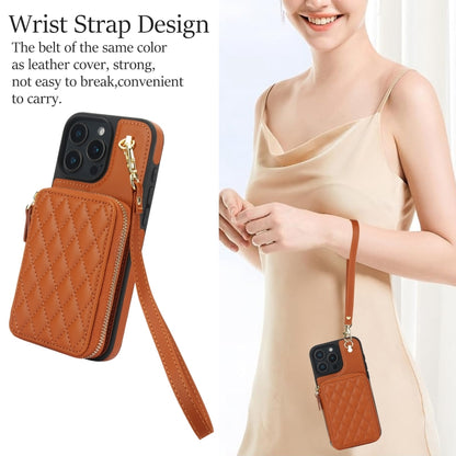 For iPhone 16 Pro Max AwQuer Crossbody Zipper Wallet Rhombic Leather Back Phone Case(Brown) by Awquer