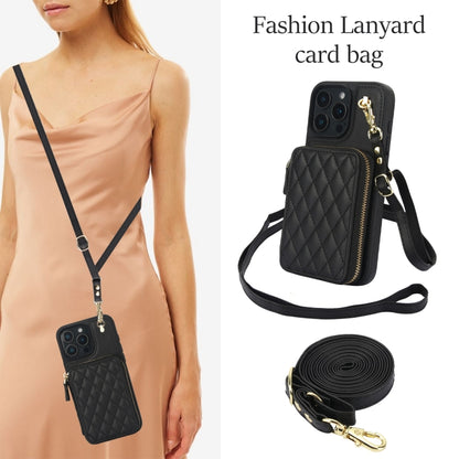 For iPhone 16 Pro AwQuer Crossbody Zipper Wallet Rhombic Leather Back Phone Case(Black) by Awquer