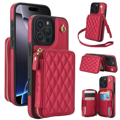 For iPhone 16 Pro AwQuer Crossbody Zipper Wallet Rhombic Leather Back Phone Case(Red) by Awquer