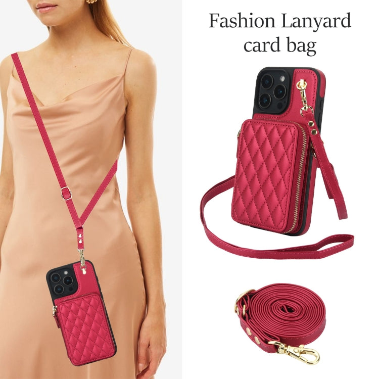 For iPhone 16 Pro AwQuer Crossbody Zipper Wallet Rhombic Leather Back Phone Case(Red) by Awquer