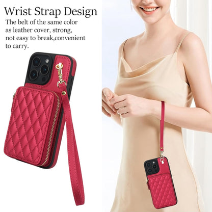 For iPhone 16 Pro AwQuer Crossbody Zipper Wallet Rhombic Leather Back Phone Case(Red) by Awquer