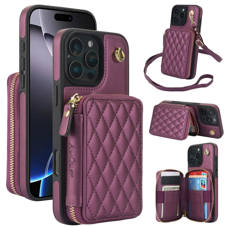 For iPhone 16 Pro AwQuer Crossbody Zipper Wallet Rhombic Leather Back Phone Case(Dark Purple) by Awquer