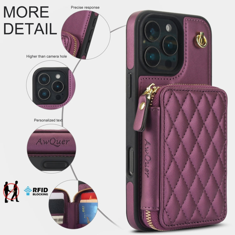For iPhone 16 Pro AwQuer Crossbody Zipper Wallet Rhombic Leather Back Phone Case(Dark Purple) by Awquer