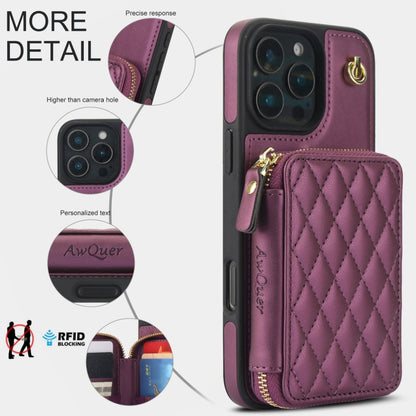 For iPhone 16 Pro AwQuer Crossbody Zipper Wallet Rhombic Leather Back Phone Case(Dark Purple) by Awquer