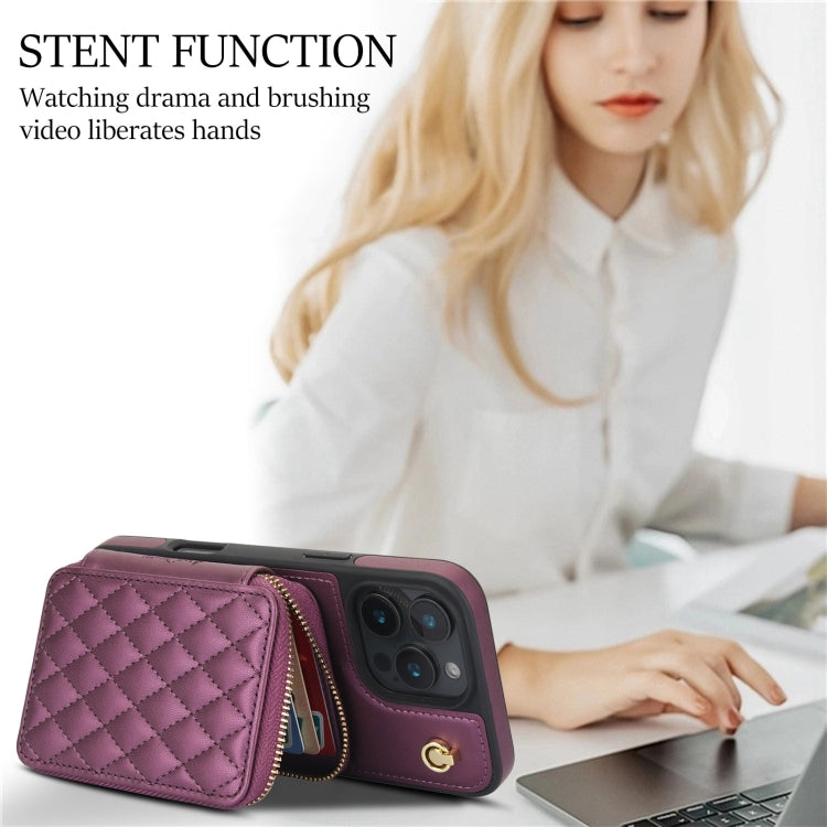 For iPhone 16 Pro AwQuer Crossbody Zipper Wallet Rhombic Leather Back Phone Case(Dark Purple) by Awquer