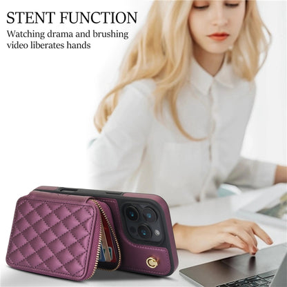 For iPhone 16 Pro AwQuer Crossbody Zipper Wallet Rhombic Leather Back Phone Case(Dark Purple) by Awquer