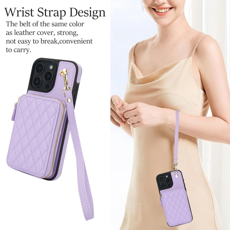 For iPhone 16 Pro AwQuer Crossbody Zipper Wallet Rhombic Leather Back Phone Case(Purple) by Awquer