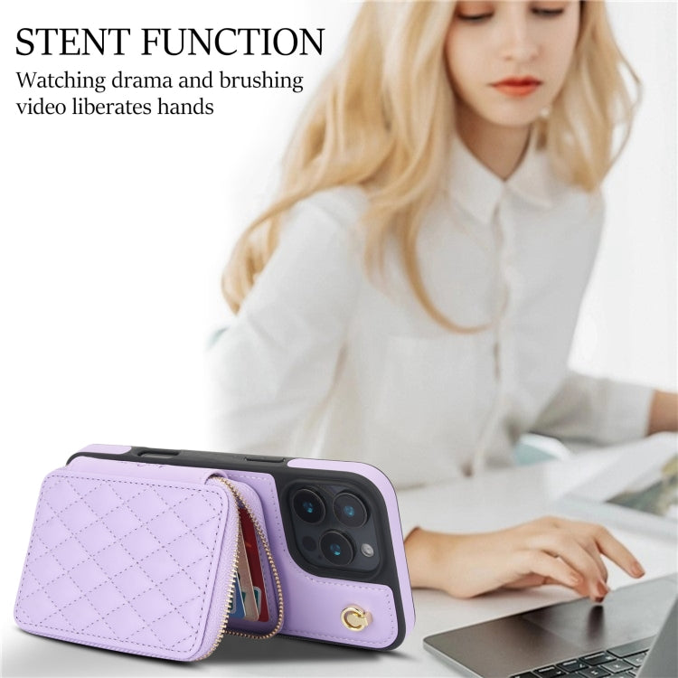 For iPhone 16 Pro AwQuer Crossbody Zipper Wallet Rhombic Leather Back Phone Case(Purple) by Awquer