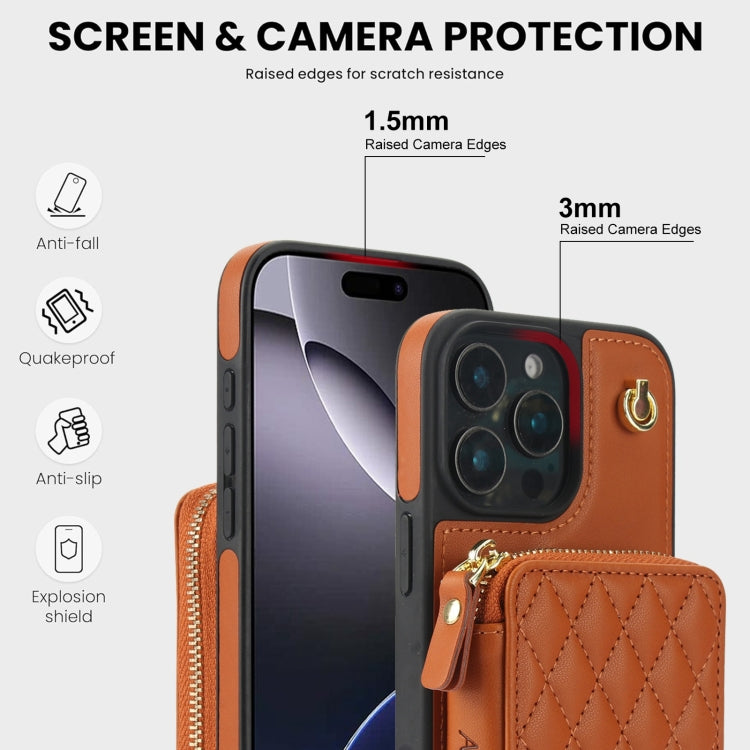 For iPhone 16 Pro AwQuer Crossbody Zipper Wallet Rhombic Leather Back Phone Case(Brown) by Awquer