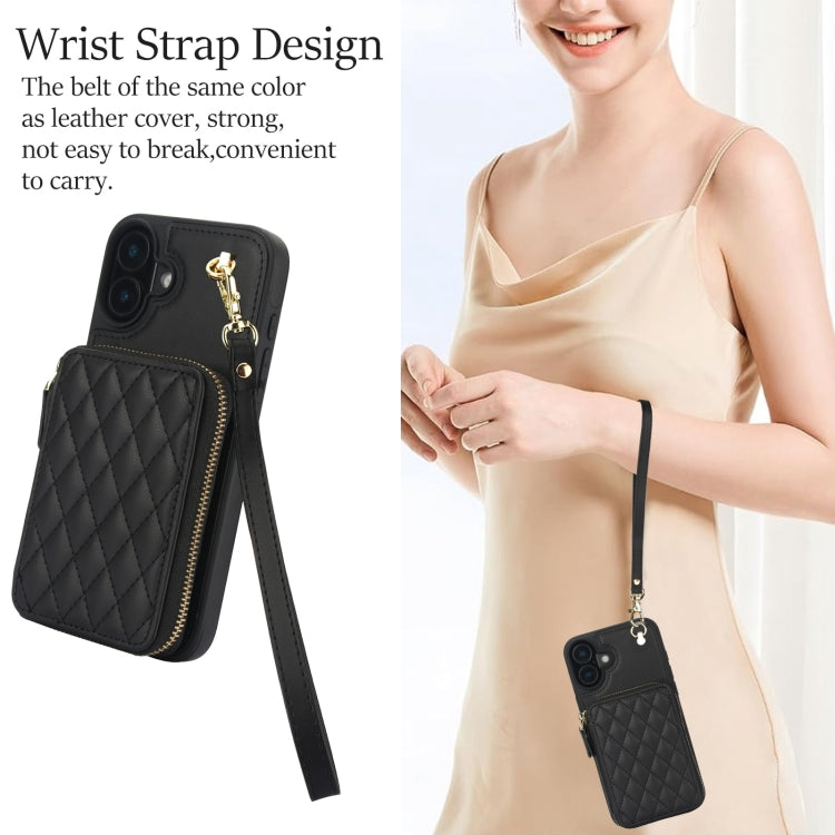 For iPhone 16 Plus AwQuer Crossbody Zipper Wallet Rhombic Leather Back Phone Case(Black) by Awquer