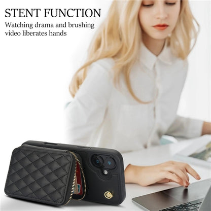 For iPhone 16 Plus AwQuer Crossbody Zipper Wallet Rhombic Leather Back Phone Case(Black) by Awquer