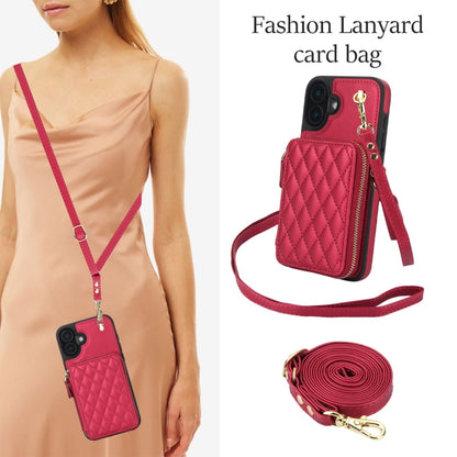 For iPhone 16 Plus AwQuer Crossbody Zipper Wallet Rhombic Leather Back Phone Case(Red) by Awquer