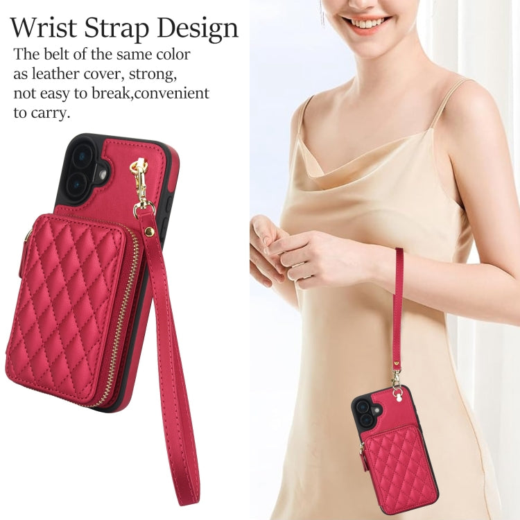 For iPhone 16 Plus AwQuer Crossbody Zipper Wallet Rhombic Leather Back Phone Case(Red) by Awquer