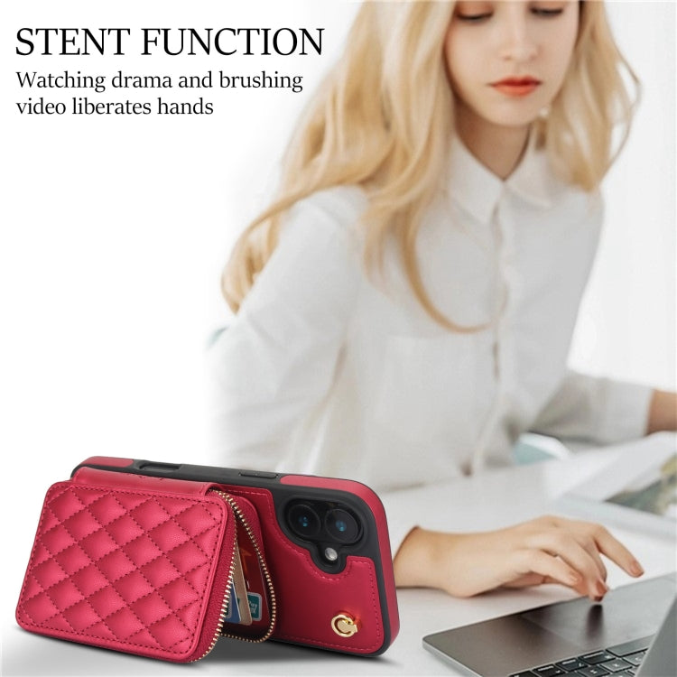 For iPhone 16 Plus AwQuer Crossbody Zipper Wallet Rhombic Leather Back Phone Case(Red) by Awquer