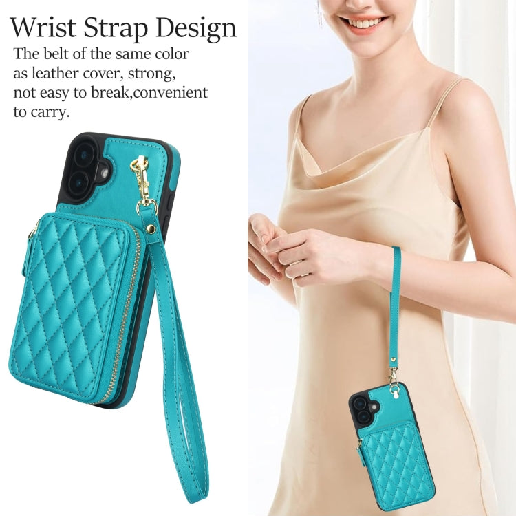 For iPhone 16 Plus AwQuer Crossbody Zipper Wallet Rhombic Leather Back Phone Case(Green) by Awquer