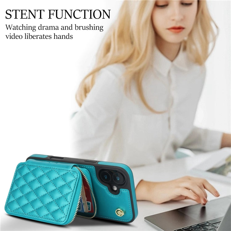 For iPhone 16 Plus AwQuer Crossbody Zipper Wallet Rhombic Leather Back Phone Case(Green) by Awquer