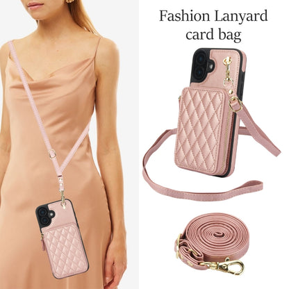 For iPhone 16 Plus AwQuer Crossbody Zipper Wallet Rhombic Leather Back Phone Case(Rose Gold) by Awquer