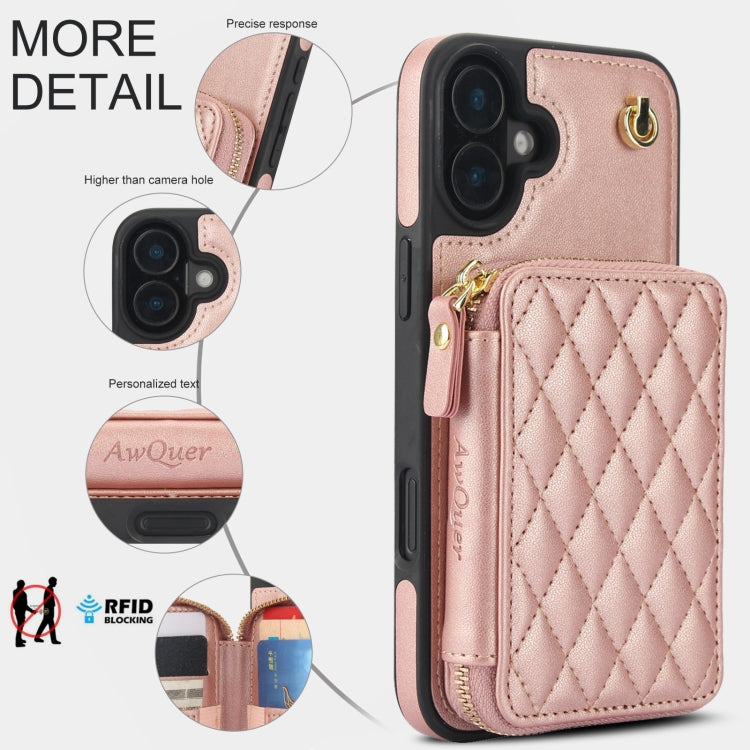 For iPhone 16 Plus AwQuer Crossbody Zipper Wallet Rhombic Leather Back Phone Case(Rose Gold) by Awquer