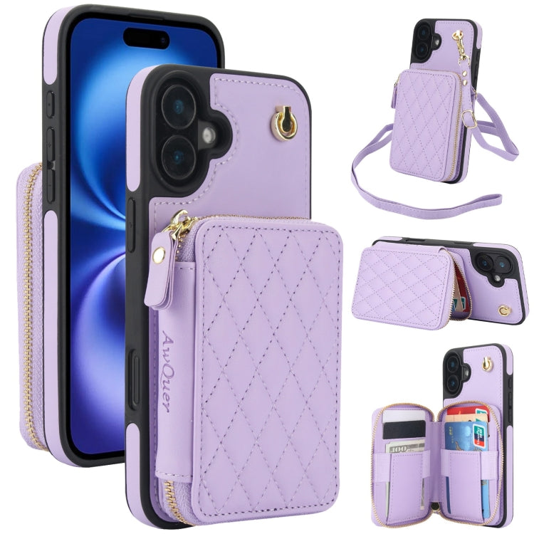 For iPhone 16 Plus AwQuer Crossbody Zipper Wallet Rhombic Leather Back Phone Case(Purple) by Awquer