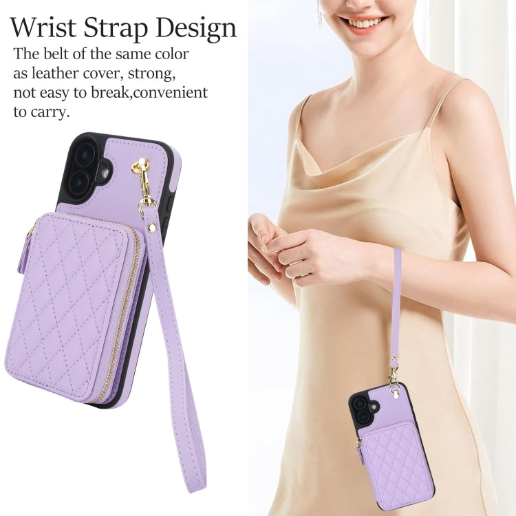 For iPhone 16 Plus AwQuer Crossbody Zipper Wallet Rhombic Leather Back Phone Case(Purple) by Awquer